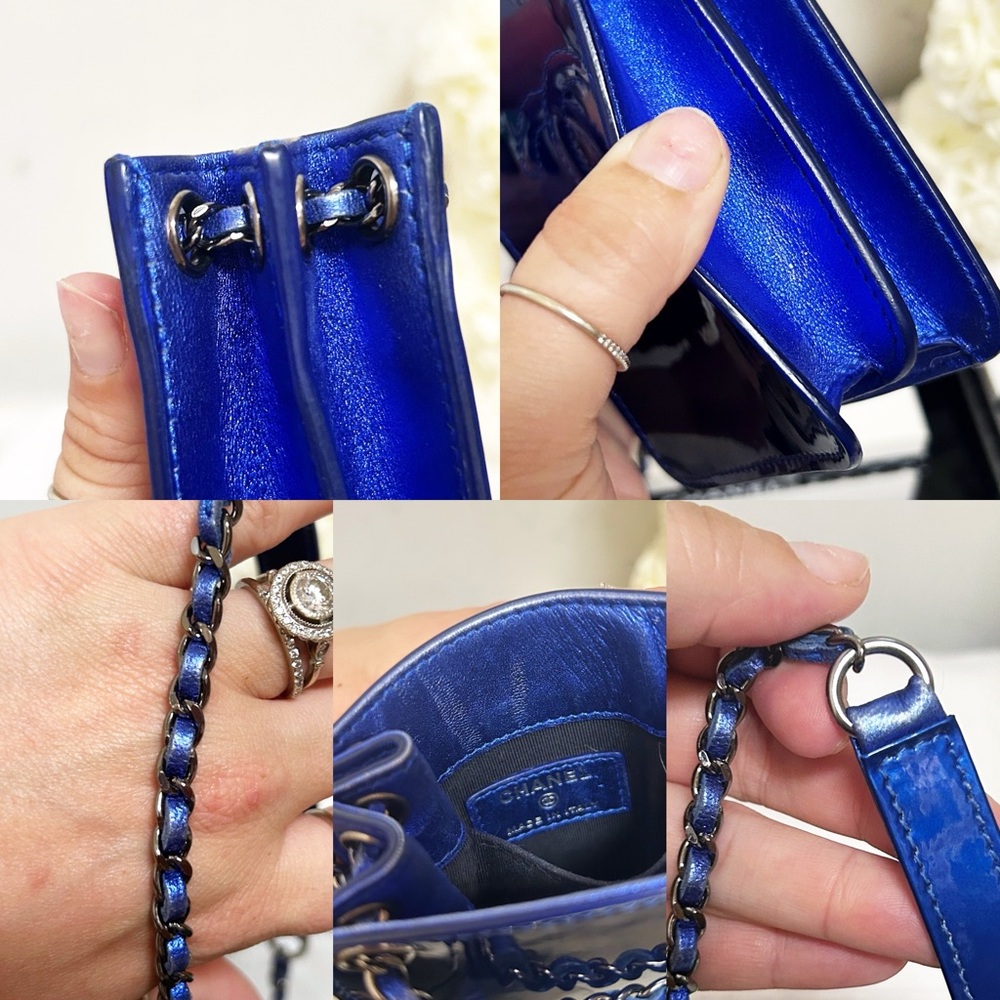 Authentic Chanel Electric / Metallic Blue Patent Leather W.O.C Crossbody Bag - Picture 9 of 13